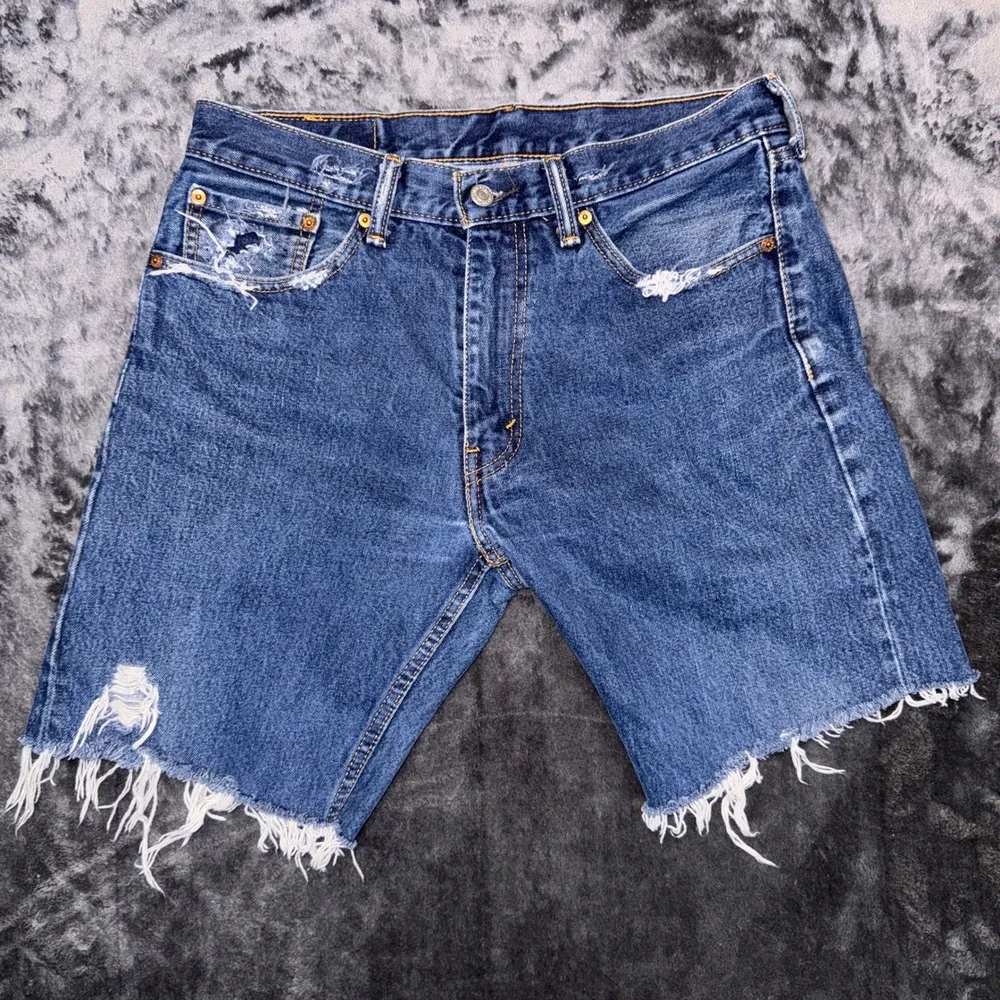 Levis‎ 505 Regular Fit Cut Off Denim Shorts Mens 33 Blue Distressed Frayed Hem